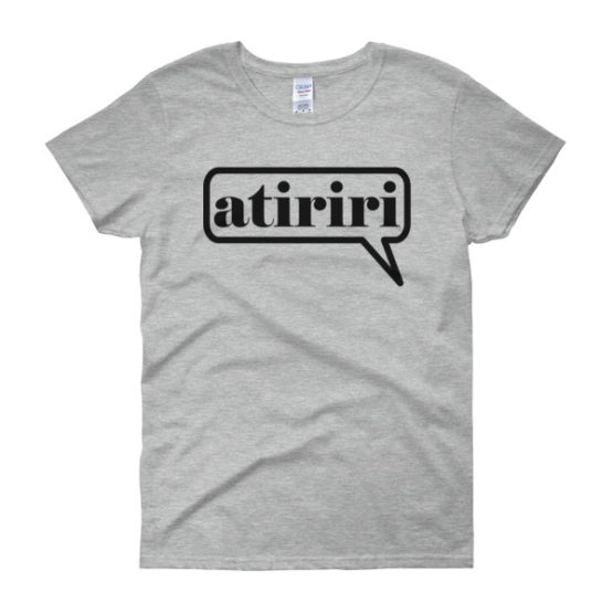 grey t-shirt with speech bubble, atiriri